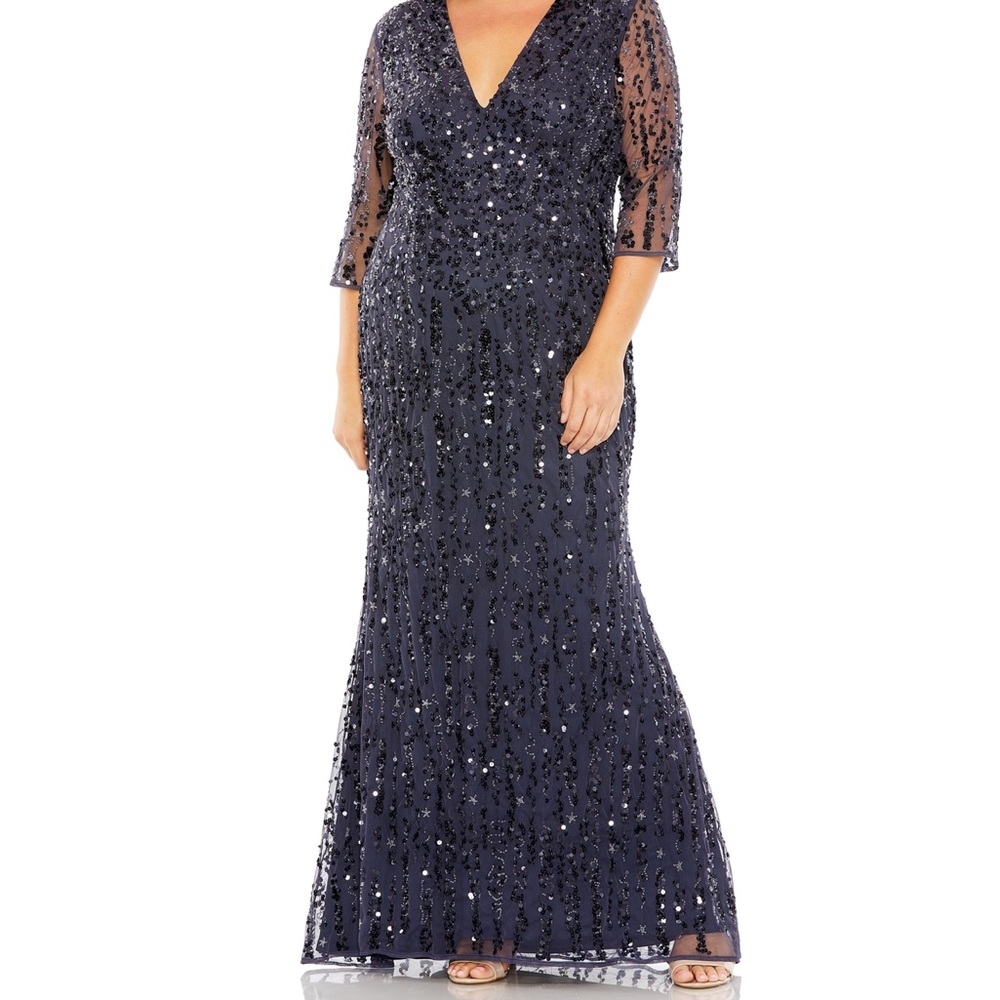 NWT Mac Duggal 93871 Illusion Sleeve Sequin Dress Midnight